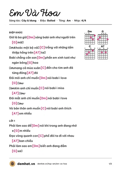 Hợp âm Em Và Hoa (Cây) – bản nhạc PDF trang 1, tông Am