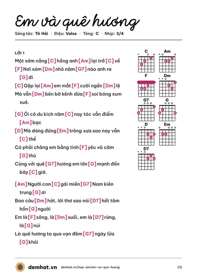 Hợp âm Em và quê hương (Kiều Hưng) – bản nhạc PDF trang 1, tông C
