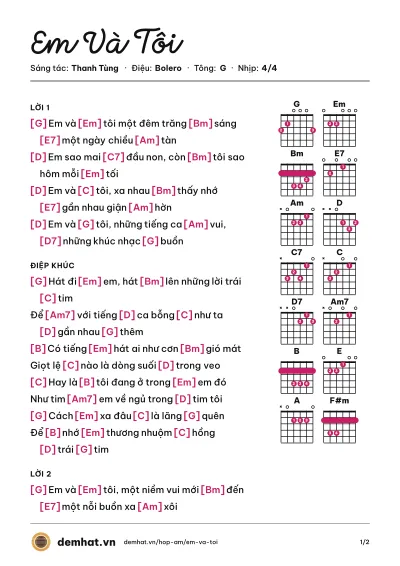 Hợp âm Em Và Tôi (Hồ Quỳnh Hương) – bản nhạc PDF trang 1, tông G