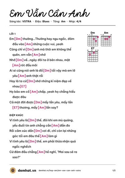 Hợp âm Em Vẫn Cần Anh (VSTRA) – bản nhạc PDF trang 1, tông Am