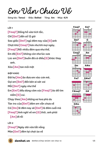 Hợp âm Em Vẫn Chưa Về (Đình Phong) – bản nhạc PDF trang 1, tông Am