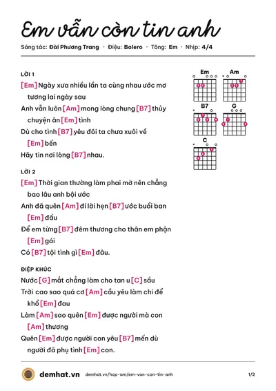 Hợp âm Em vẫn còn tin anh (Phương Hồng Quế (trước 75)) – bản nhạc PDF trang 1, tông Em