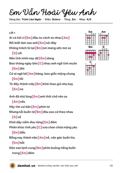 Hợp âm Em Vẫn Hoài Yêu Anh (Như Quỳnh) – bản nhạc PDF trang 1, tông Em