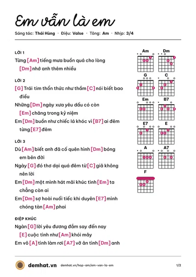 Hợp âm Em vẫn là em (Hiền Thục) – bản nhạc PDF trang 1, tông Am