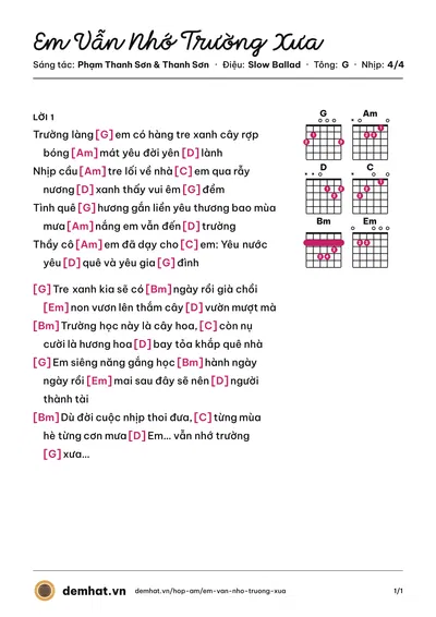 Hợp âm Em Vẫn Nhớ Trường Xưa (Hoàng Ngân) – bản nhạc PDF trang 1, tông G