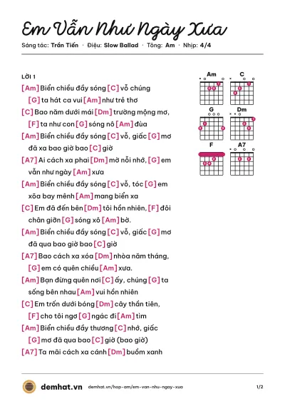 Hợp âm Em Vẫn Như Ngày Xưa (Trần Thu Hà) – bản nhạc PDF trang 1, tông Am