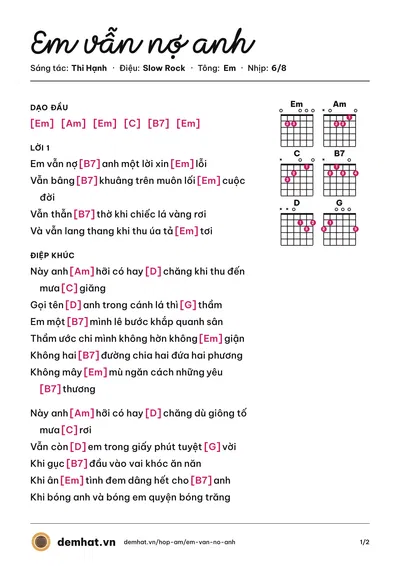 Hợp âm Em vẫn nợ anh (Mây Tím) – bản nhạc PDF trang 1, tông Em