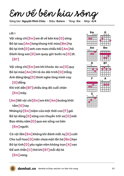 Hợp âm Em về bên kia sông (Nguyễn Minh Châu) – bản nhạc PDF trang 1, tông Em