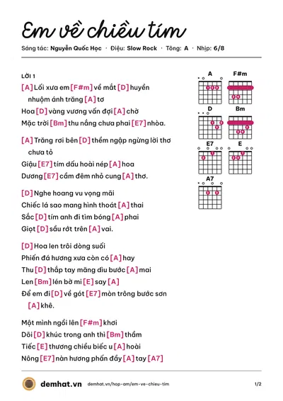 Hợp âm Em về chiều tím (Lệ Hồng) – bản nhạc PDF trang 1, tông A
