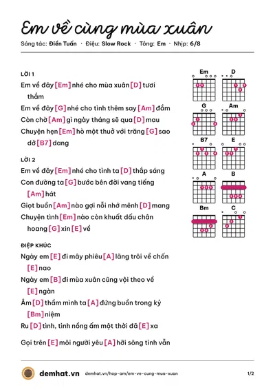 Hợp âm Em về cùng mùa xuân (Huy Đức) – bản nhạc PDF trang 1, tông Em