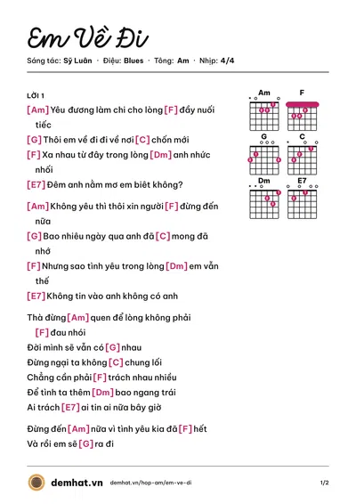 Hợp âm Em Về Đi (Sỹ Luân) – bản nhạc PDF trang 1, tông Am