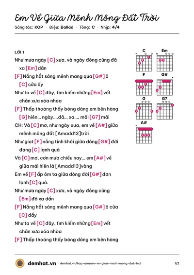 Hợp âm Em Về Giữa Mênh Mông Đất Trời (KOP) – bản nhạc PDF trang 1, tông C