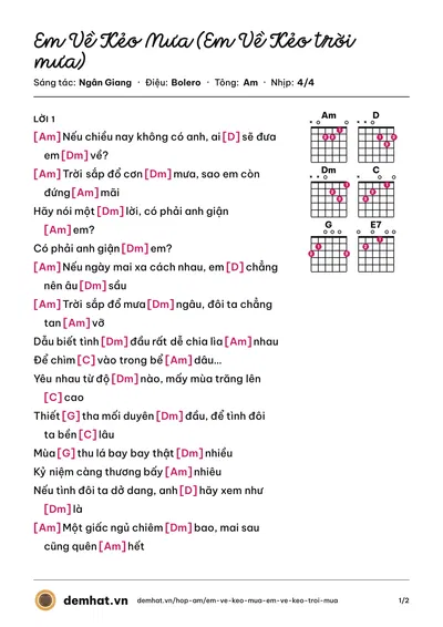 Hợp âm Em Về Kẻo Mưa (Em Về Kẻo trời mưa) (Phi Nhung) – bản nhạc PDF trang 1, tông Am