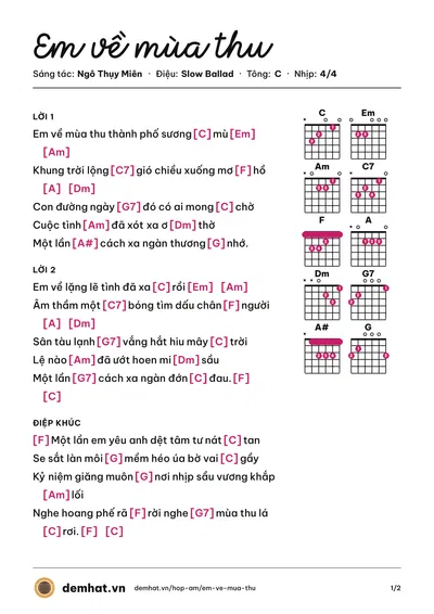 Hợp âm Em về mùa thu (Ái Vân) – bản nhạc PDF trang 1, tông C