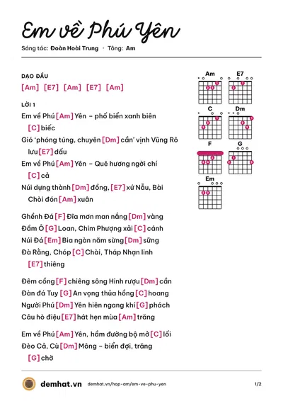 Hợp âm Em về Phú Yên (Hải Hạnh) – bản nhạc PDF trang 1, tông Am