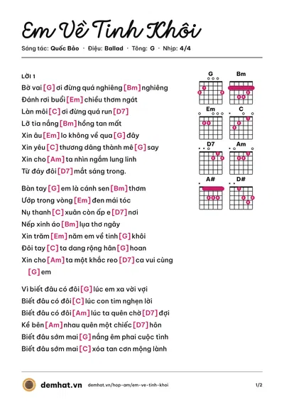 Hợp âm Em Về Tinh Khôi (Lê Hiếu) – bản nhạc PDF trang 1, tông G