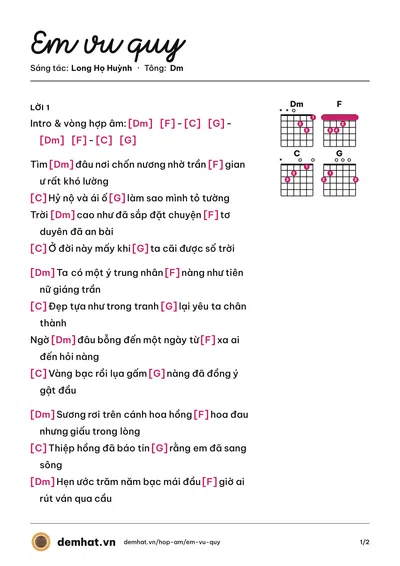 Hợp âm Em vu quy (Thái Thanh Nhàn) – bản nhạc PDF trang 1, tông Dm