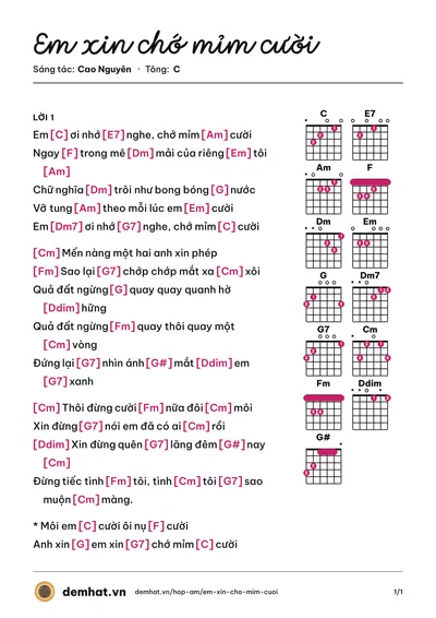 Hợp âm Em xin chớ mỉm cười (Thụy Long) – bản nhạc PDF trang 1, tông C