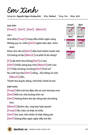 Hợp âm Em Xinh (Mono) – bản nhạc PDF trang 1, tông Fm