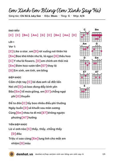 Hợp âm Em Xinh Em Bling (Em Xinh Say Hi) (Pháo) – bản nhạc PDF trang 1, tông C