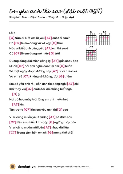 Hợp âm Em yêu anh thì sao (Lật mặt OST) (Amy) – bản nhạc PDF trang 1, tông G
