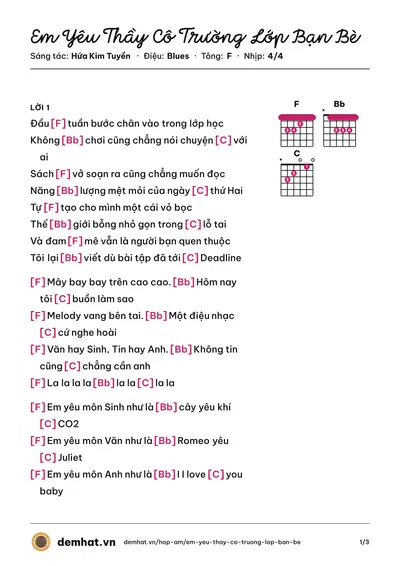 Hợp âm Em Yêu Thầy Cô Trường Lớp Bạn Bè (Hau Hoang) – bản nhạc PDF trang 1, tông F
