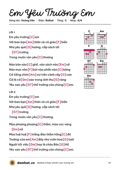 Hợp âm Em Yêu Trường Em (Tốp Ca) – bản nhạc PDF trang 1, tông C