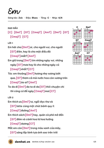 Hợp âm Em (Zóe) – bản nhạc PDF trang 1, tông C