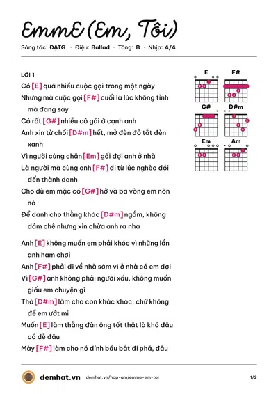 Hợp âm EmmE (Em, Tôi) (ĐẠTG) – bản nhạc PDF trang 1, tông B