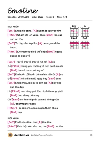Hợp âm Emotine (LIMITLESS) – bản nhạc PDF trang 1, tông D