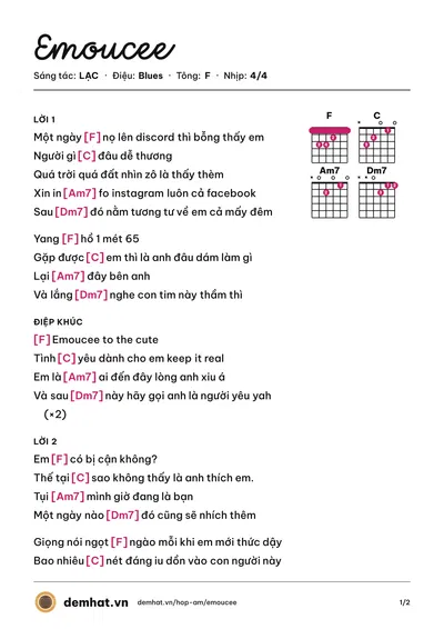 Hợp âm Emoucee (Zalac) – bản nhạc PDF trang 1, tông F