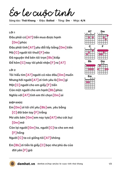 Hợp âm Éo le cuộc tình (Giang Hồng Ngọc) – bản nhạc PDF trang 1, tông Dm