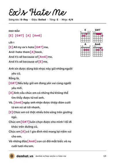 Hợp âm Ex’s Hate Me (B-Ray) – bản nhạc PDF trang 1, tông E