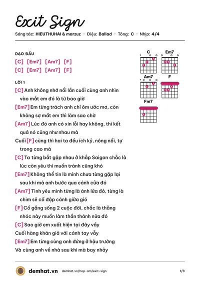 Hợp âm Exit Sign (HIEUTHUHAI) – bản nhạc PDF trang 1, tông C