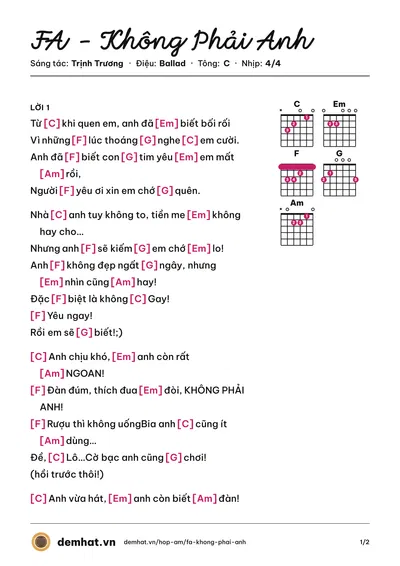 Hợp âm FA - Không Phải Anh (Nhật Anh Trắng) – bản nhạc PDF trang 1, tông C