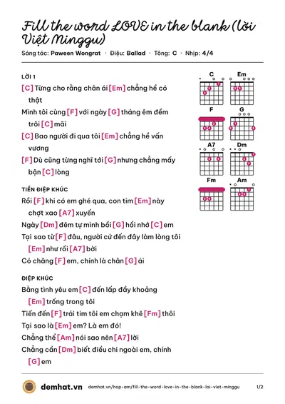 Hợp âm Fill the word LOVE in the blank (lời Việt Minggu) (Faye Peraya) – bản nhạc PDF trang 1, tông C
