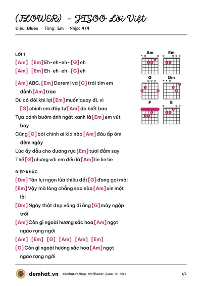 Hợp âm (FLOWER) - JISOO Lời Việt (MinYoung) – bản nhạc PDF trang 1, tông Em