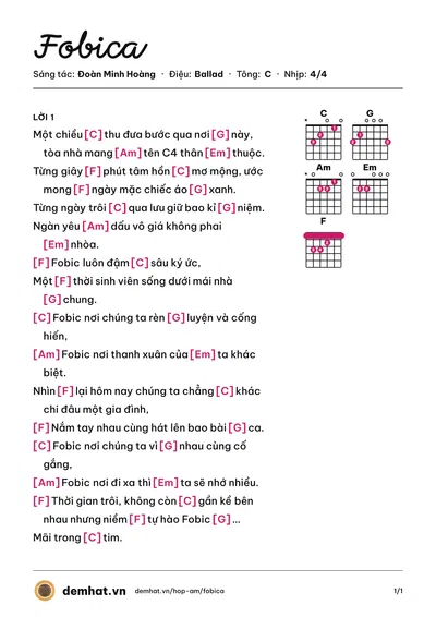 Hợp âm Fobica (Tốp Ca) – bản nhạc PDF trang 1, tông C