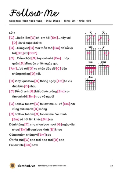 Hợp âm Follow Me (O-plus) – bản nhạc PDF trang 1, tông Em