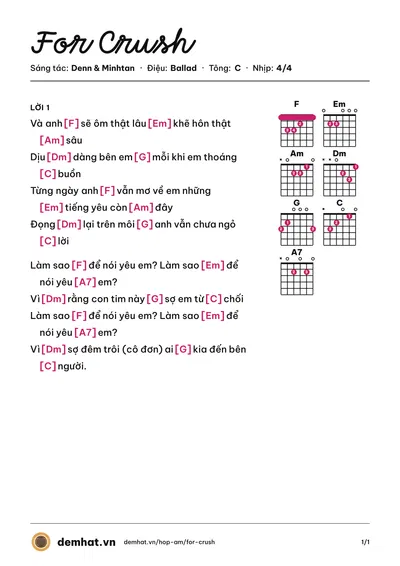 Hợp âm For Crush (Denn) – bản nhạc PDF trang 1, tông C