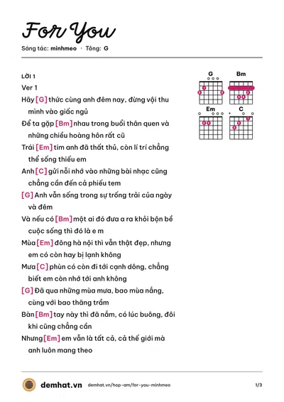 Hợp âm For You (minhmeo) – bản nhạc PDF trang 1, tông G