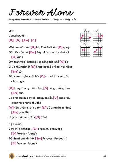 Hợp âm Forever Alone (JustaTee) – bản nhạc PDF trang 1, tông G