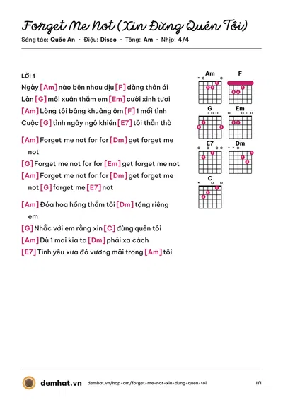 Hợp âm Forget Me Not (Xin Đừng Quên Tôi) (Đoan Trang) – bản nhạc PDF trang 1, tông Am