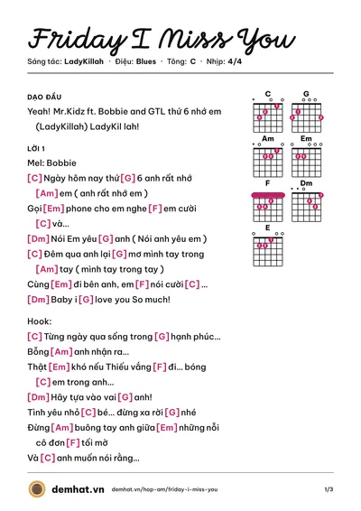 Hợp âm Friday I Miss You (Bobbie) – bản nhạc PDF trang 1, tông C