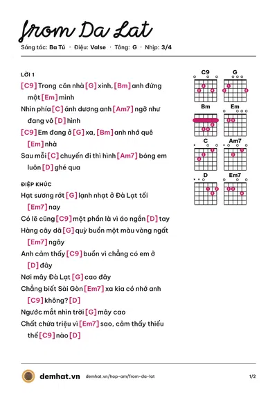 Hợp âm from Da Lat (Ba Tú) – bản nhạc PDF trang 1, tông G