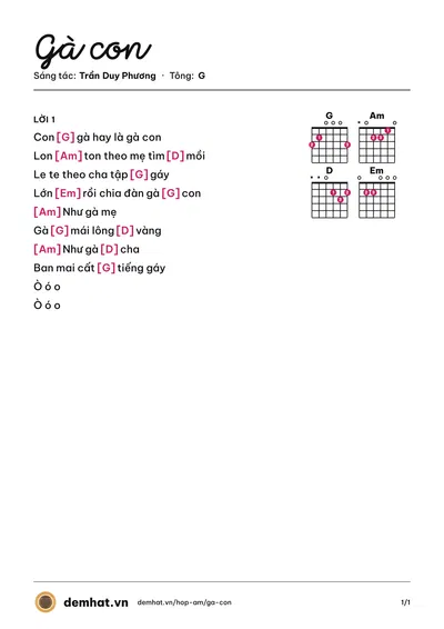 Hợp âm Gà con (Bé Hồng Ân) – bản nhạc PDF trang 1, tông G