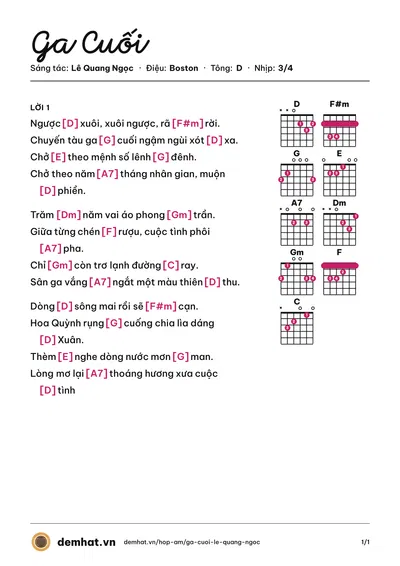 Hợp âm Ga Cuối (Lê Quang Ngọc) – bản nhạc PDF trang 1, tông D
