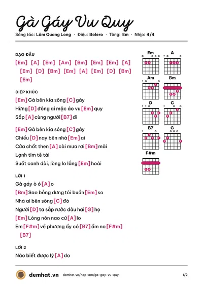 Hợp âm Gà Gáy Vu Quy (Văn Hương) – bản nhạc PDF trang 1, tông Em