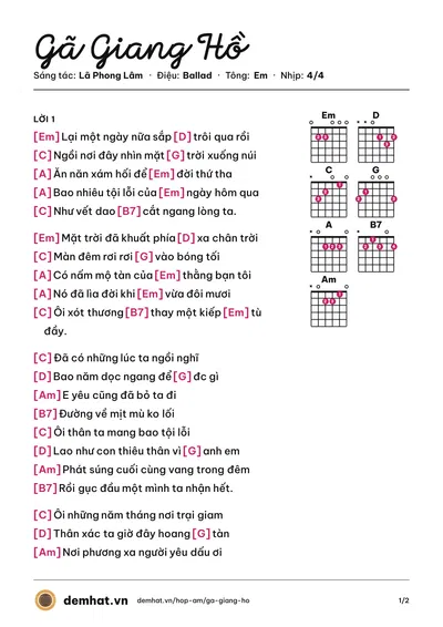 Hợp âm Gã Giang Hồ (Lã Phong Lâm) – bản nhạc PDF trang 1, tông Em