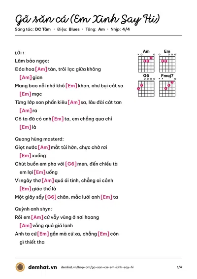Hợp âm Gã săn cá (Em Xinh Say Hi) (Quang Hùng MasterD) – bản nhạc PDF trang 1, tông Am